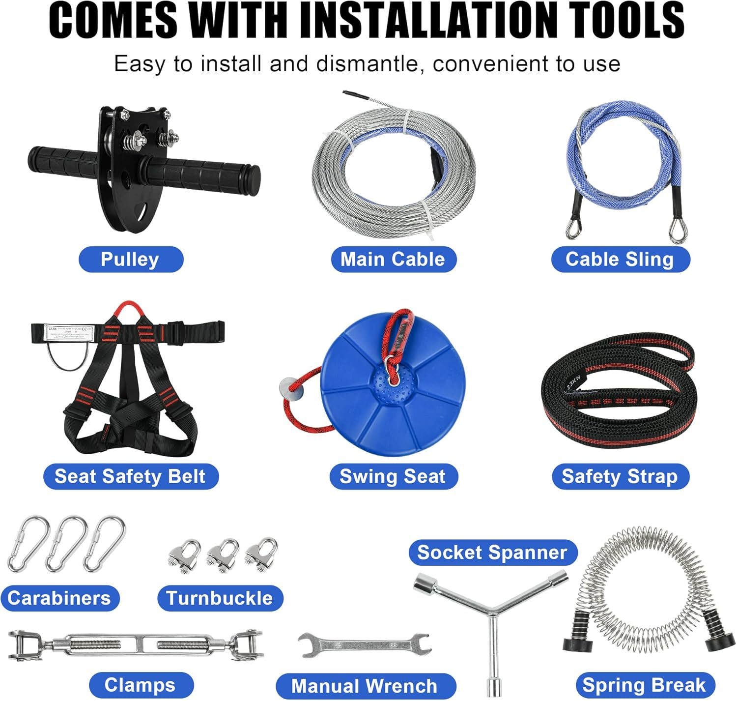 30M Zip Line Kit for Kids Adults.Up To160Kg, Updated Rust Proof Removable Design Trolley and Thickened Seat with Zipline Spring Brake and Safety Harness, Quick Tighten Zipline for Backyard Outdoor