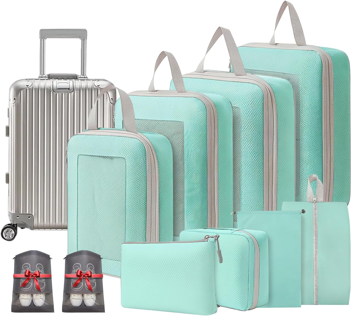 10 Set Lightweight Compression Packing Cubes Travel Organizer for Carry-On Luggage Suitcase Backpack, Space-Saving Luggage Organizer Bags with Extra Shoe Bags, Lake Blue