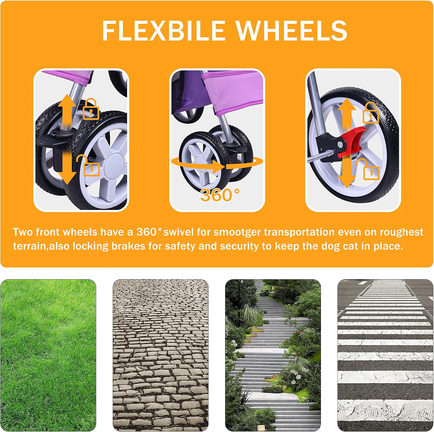 ELEVON Pet Stroller, 4 Wheels Multifunction Dog Cat Stroller, Folding Portable Travel Stroller with Detachable Carrier, Suitable for Medium Small Dogs Cats(Purple) image number 4