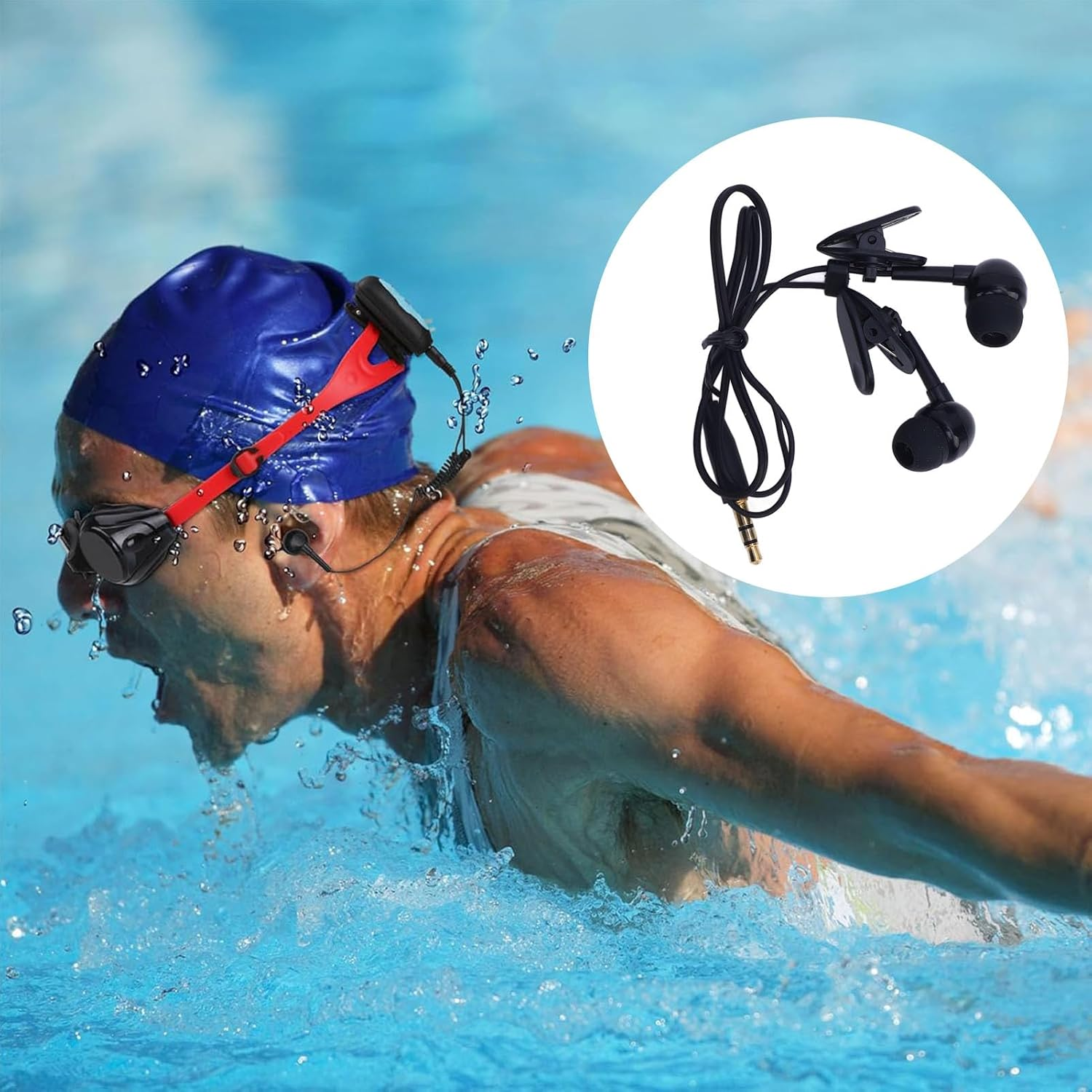 IP68 Waterproof Swimming Headphones with 3.5Mm Jack - 3.6M Underwater Headphones for Lap Swim, Surfing, 40Cm Short Cord with 2 Clips & 4 Size Earbuds image number 2