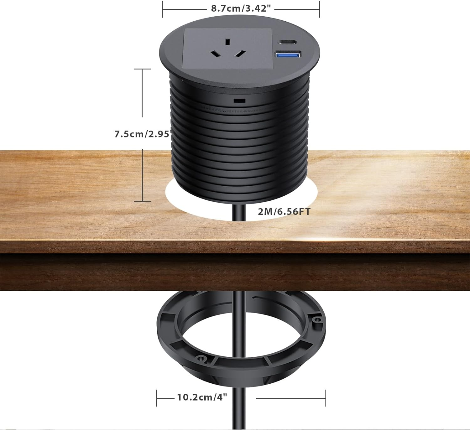 Desk Power Grommet, Haylink Recessed Power Board 80Mm Hole Grommet with AC Outlets, PD 20W USB A+C Ports, 2M Cable, Furniture Power Board for Home Office Workshop, Black