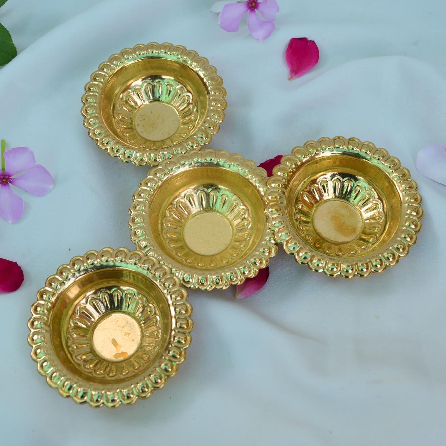 Handmade Gold Engraved Diya Traditional Indian Oil Lamp, Brass Diya for Pooja and Other Religious Rituals - Deepawali /Home Decor/Office and Temple/ Festive Gift (Pack of 4) image number 4