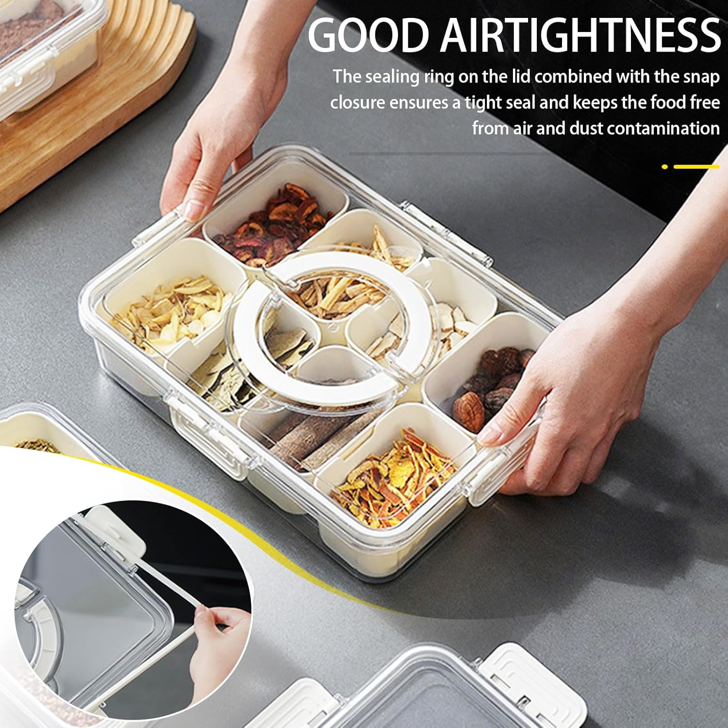 Divided Serving Tray with Lid and Handle, 2 Pack Snackle Box Charcuterie Container, Portable Snack Fruit Tray, Snack Platters Organizer with 8 Compartments for Nuts, Spices, Fruits, Snacks image number 4
