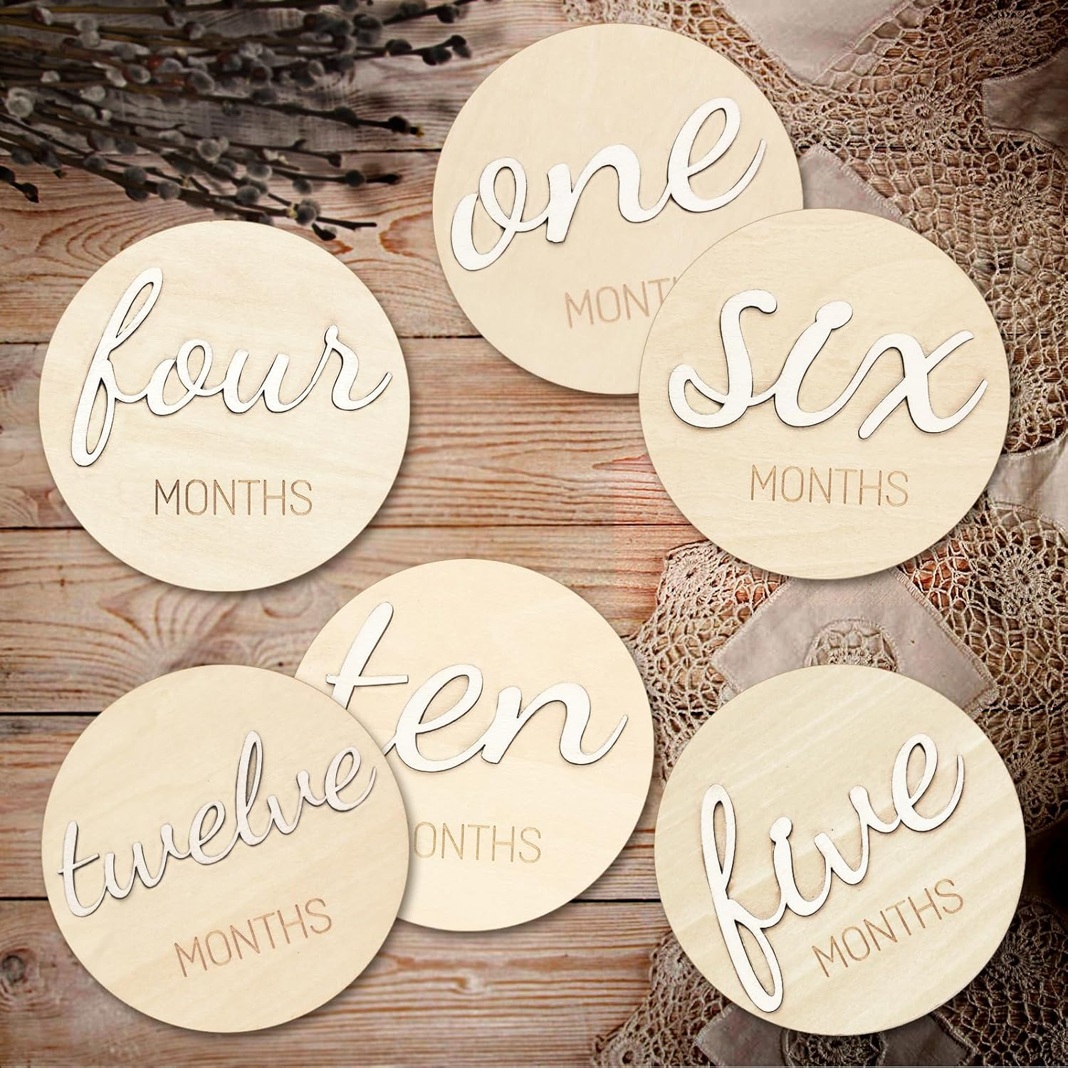 Baby Monthly Milestone Marker Discs - Wooden 3D Double-Sided Baby Announcement Sign, Gender Neutral Announcement Cards for Newborn Boys and Girls 1-12 Months Photography Props image number 2