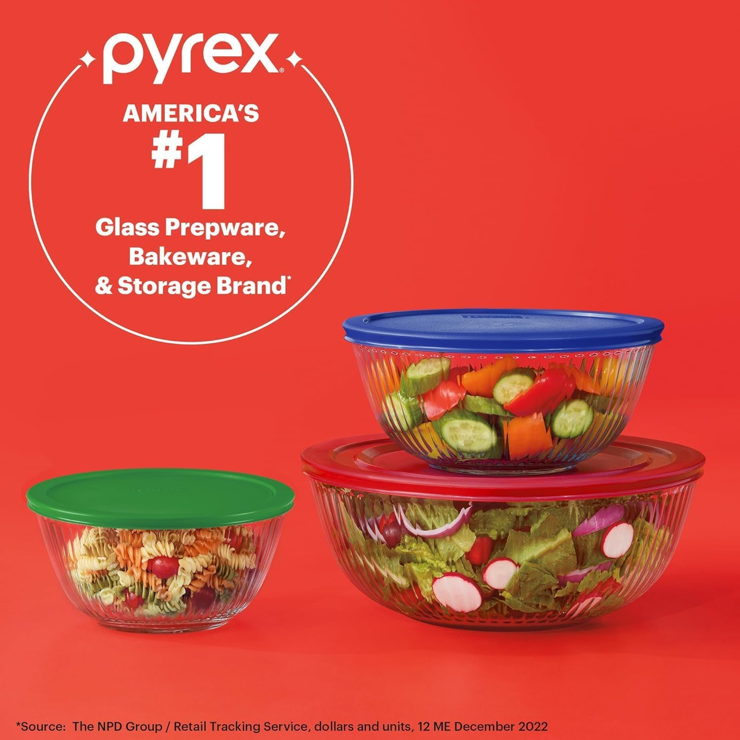Pyrex Sculpted Large 6-Piece Glass Mixing Bowls, 1.3 QT, 2.3 QT, and 4.5 QT Prepping and Baking Food Storage Set, Dishwasher, Microwave and Freezer Safe image number 2