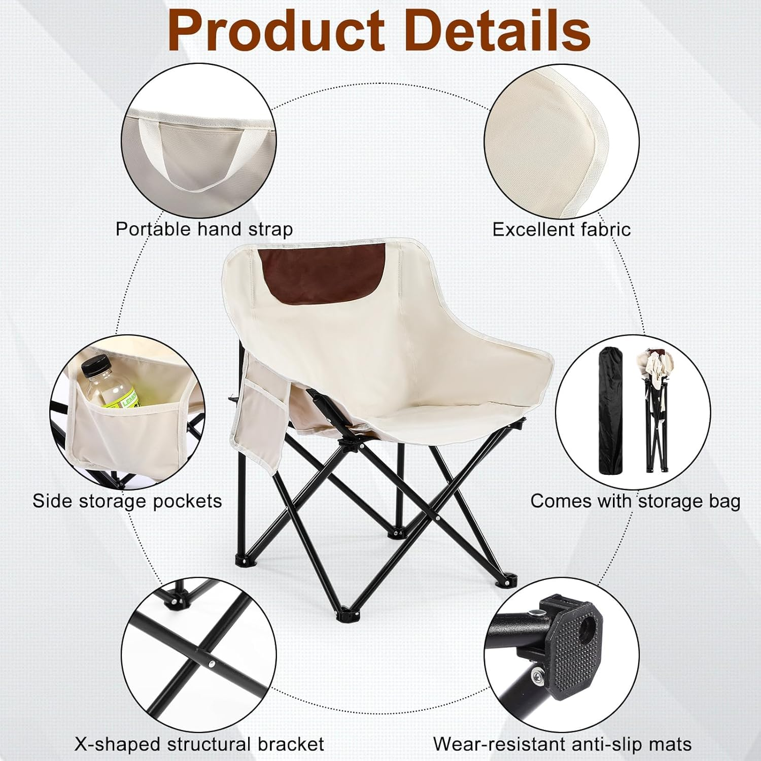 XICEN Portable Folding Camping Chair for Adult, Lightweight Outdoor Chair with Carry Bag, Travel Picnic Hiking Load Folding Chairs for Outside, Garden Beach Chair Oversized with Storage Bag, White - Black image number 5