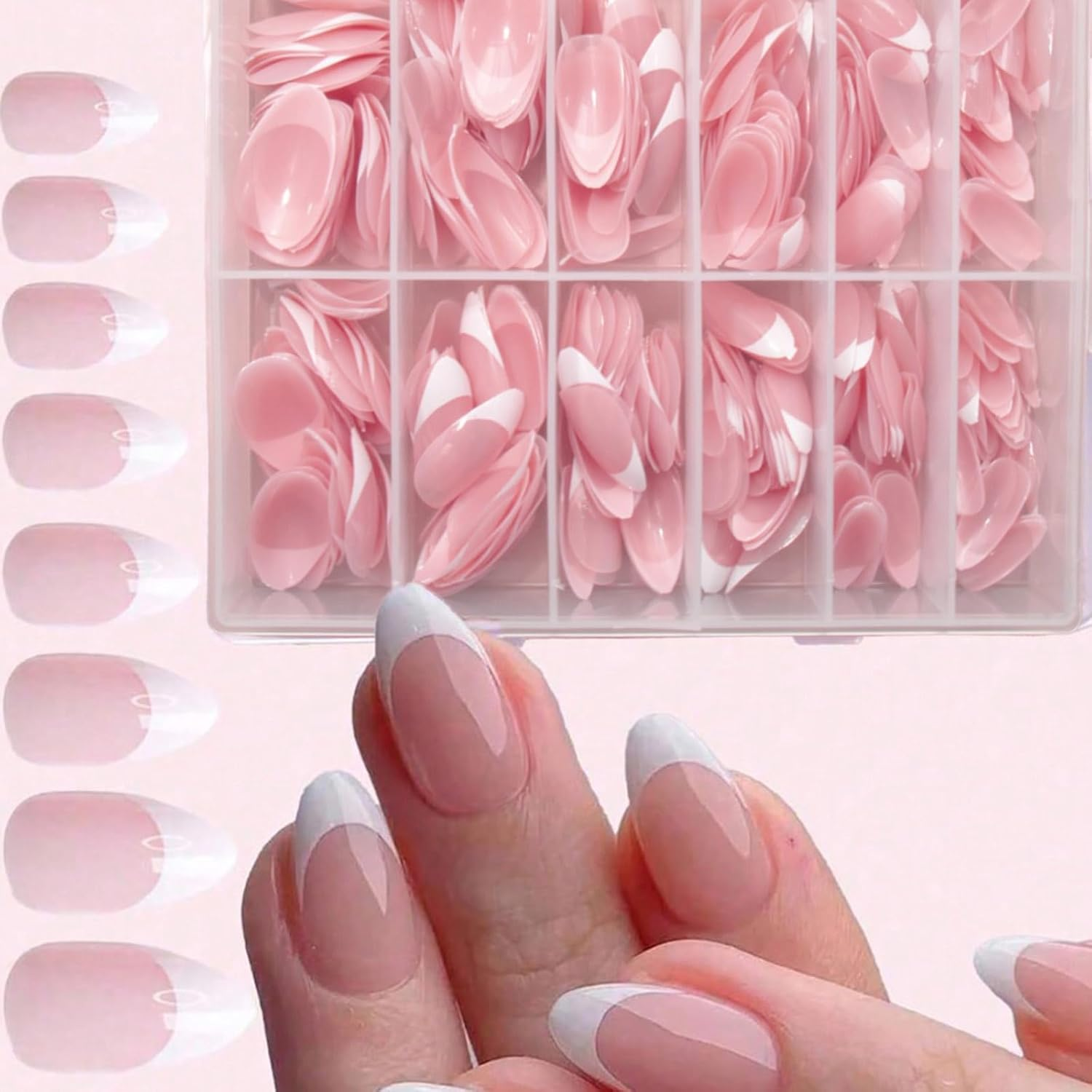 240Pcs Stick on Nails, White French Tip Press on Nails, 10 Sizes Almond French Tip Nails，Matte Fake Nails，Diy Nail Art Nude Gel Press on Nail（French White） image number 2