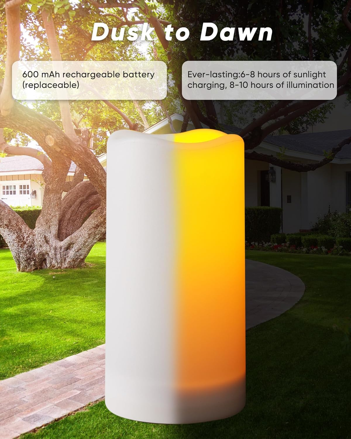 Homemory Solar Candles Outdoor Waterproof, 3"X6" Rechargeable Solar Powered Lights, Flameless Flickering Dusk to Dawn Sensor Outdoor Pillar Candles for Halloween, Lanterns, Garden, Patio, Porch image number 5