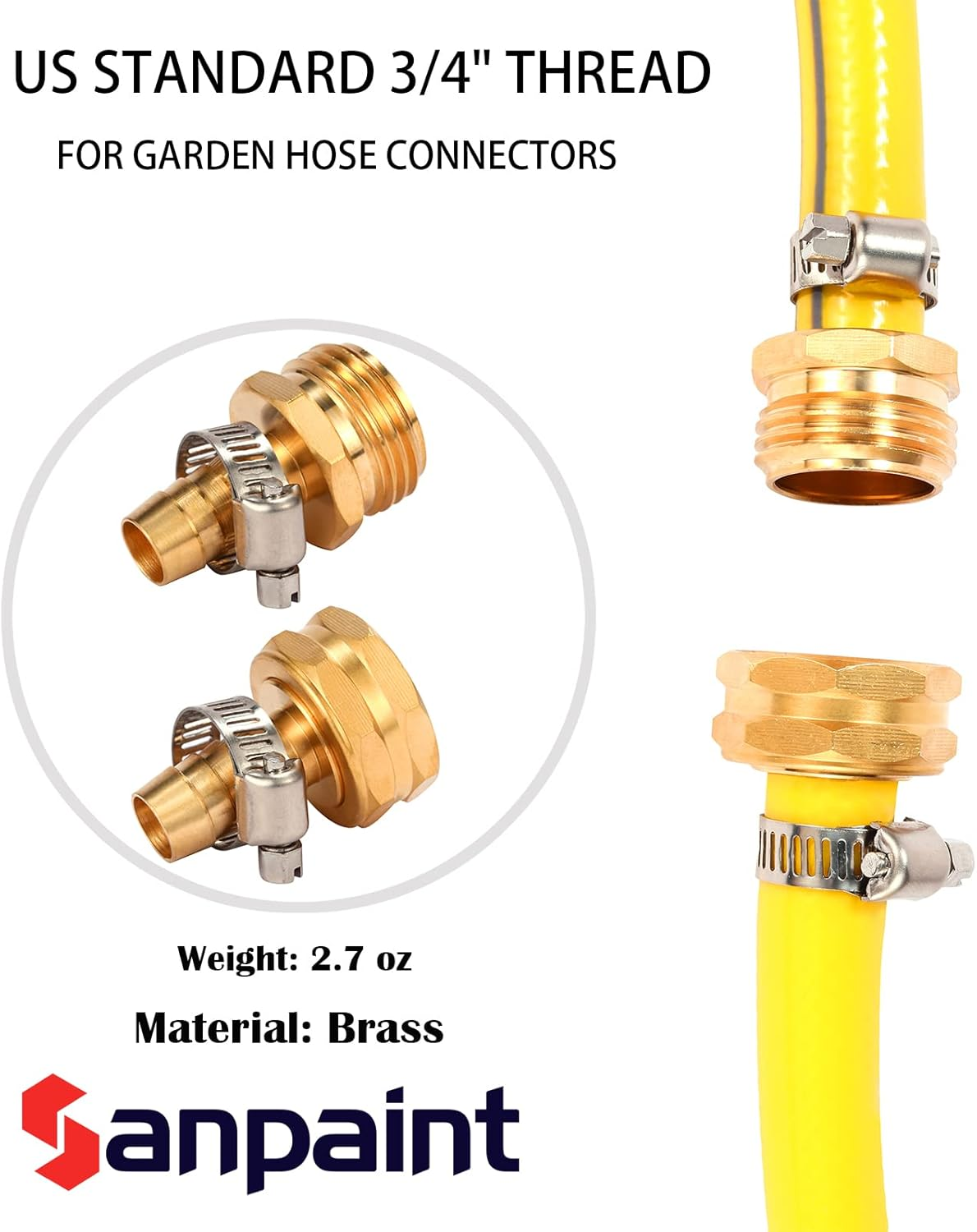 Brass Garden Hose Connector Repair Mender Kit with Stainless Clamp,Fits 1/2" Water Hose Fitting,2 Sets(1/2" Barb X 3/4" GHT) image number 6
