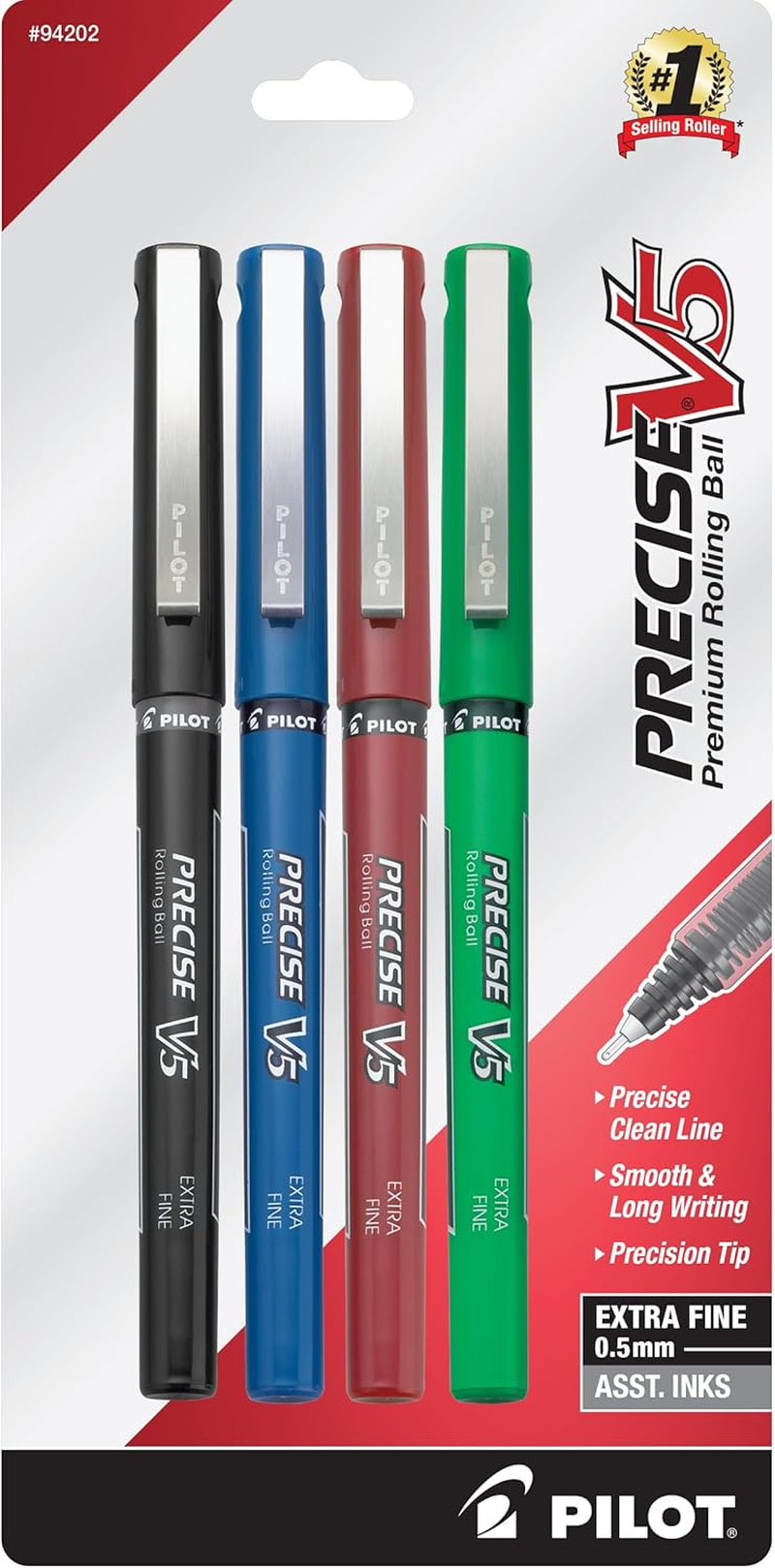 Pilot, Precise V5, Capped Liquid Ink Rolling Ball Pens, Extra Fine Point 0.5 Mm, Black, Pack of 4