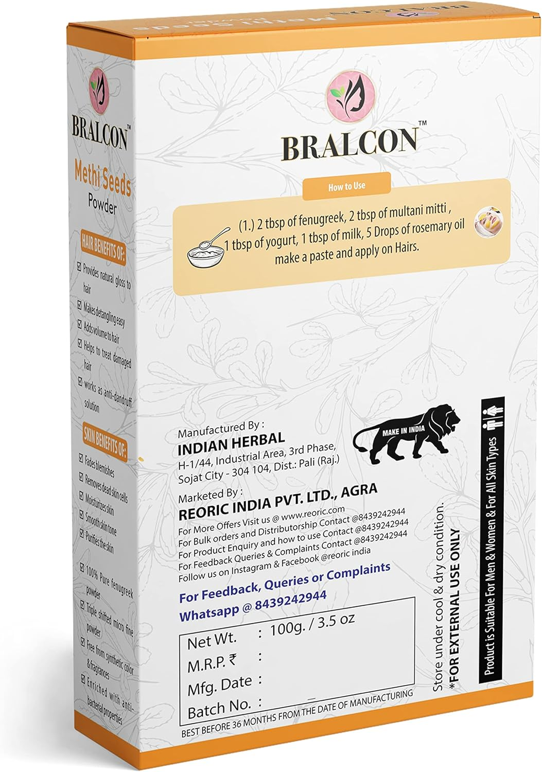 BRALCON Organic Methi Seeds Powder, Amla Powder Combo - 200G(100G X Pack of 2) |Fenugreek/Methi Seeds Powder, Amla/Gooseberry Powder for Face Pack and Hair Growth| Skin Whitening & Hair Care Powder image number 4