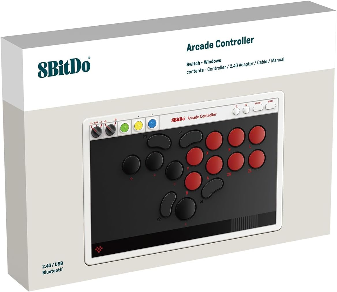 8Bitdo All-Button Arcade Controller for Switch/Switch 2 & Windows &ndash; Bluetooth, 2.4G, Wired Connectivity, Low-Profile Mechanical Switches, 4 Programmable Buttons, Hot-Swappable PCB