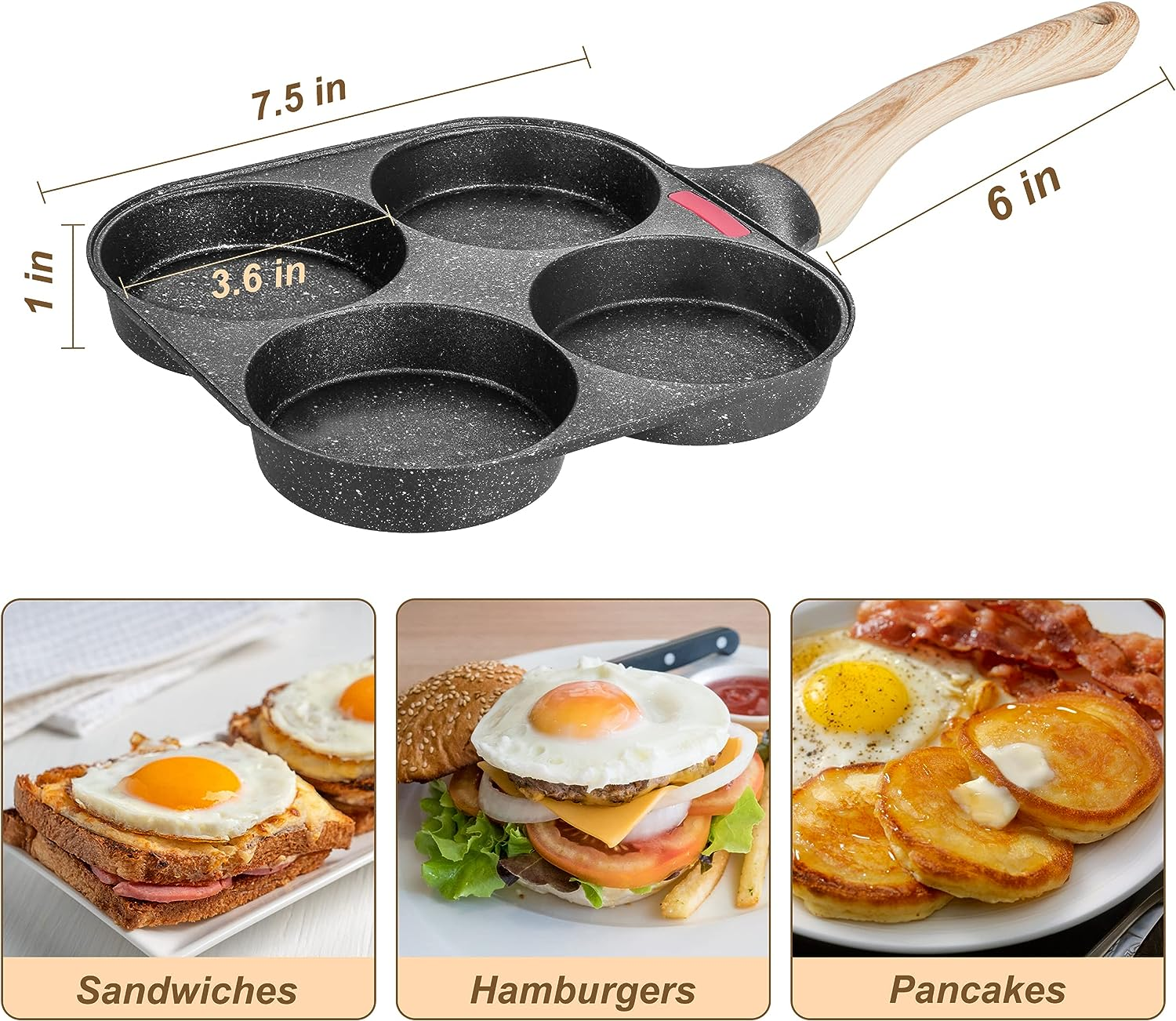 Mylifeunit Egg Frying Pan, 4-Cup Egg Pan Nonstick, Fried Egg Pan Skillet for Breakfast, Pancake, Hamburger, Sandwiches, Suitable for Gas Stove & Induction Cookware image number 2