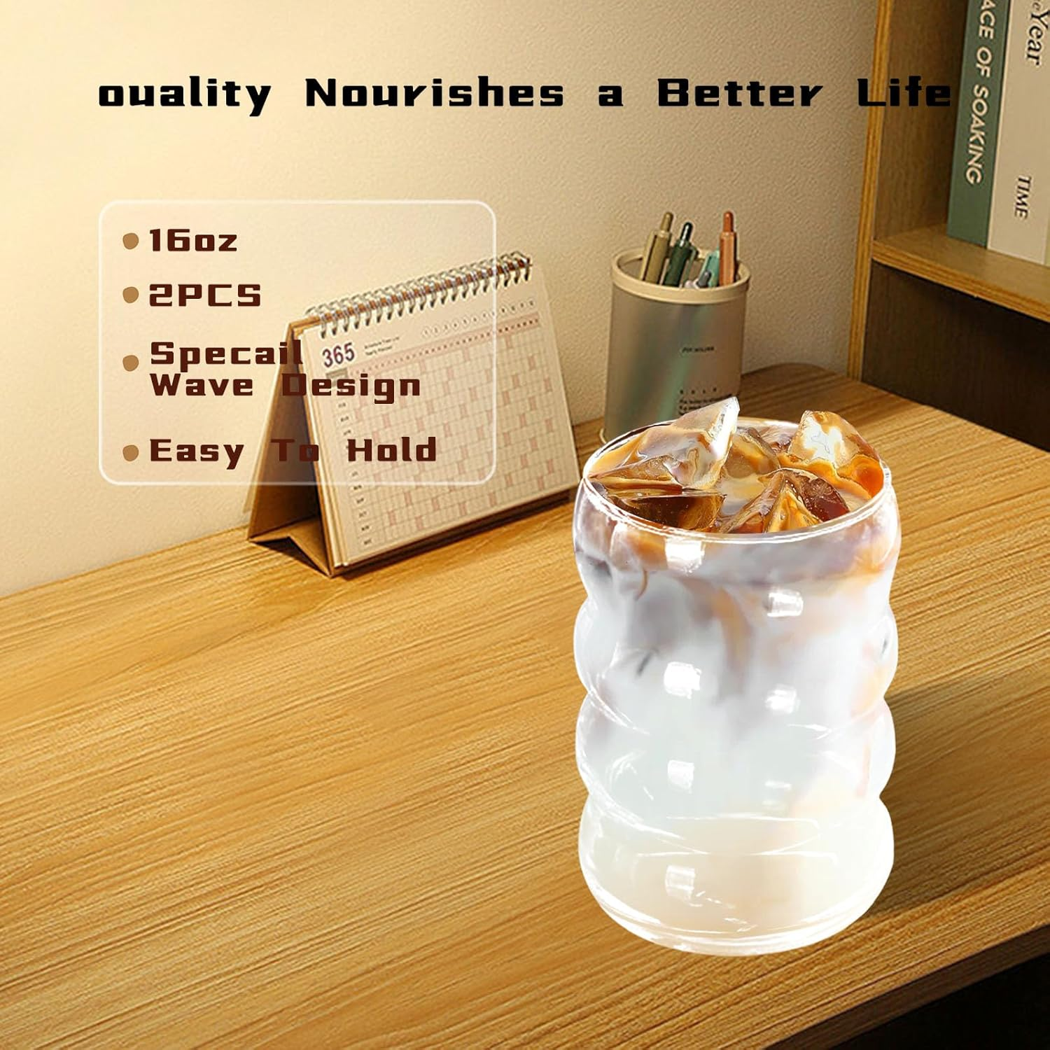 Glass Cups with Straws, Cute Tumbler Wave Bubble Beverage Glasses, 470Ml/16 Oz Vintage Glass Cup, 2 Pcs with Cleaning Brush Ideal for Matcha, Soda, Tea, Juice, Coffee, Milk, Gift