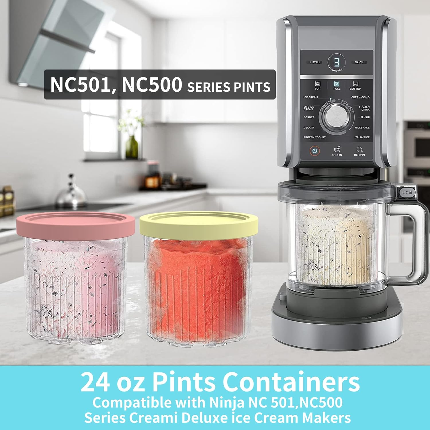 YUSFKJ Replacement for Ninja Creami Pints and Lids - 4 Pack NC501, Compatible with NC501 NC500 Series Deluxe Ice Cream Makers, Pint Containers Leak Proof Lids, Dishwasher Safe Transparent image number 1
