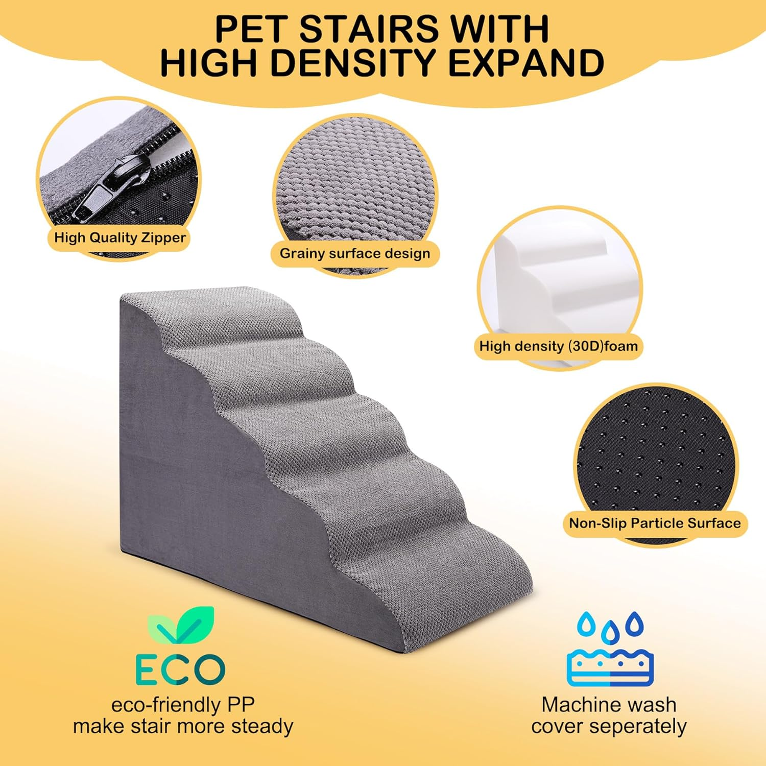 Ciwivoki Stairs for Small Dogs, 5-Step Pet Steps for Couch and High Bed, Non-Slip 24" High Sofa Foam Ramp - Best for Small Pets, Older Dogs, Cats with Joint Pain image number 6