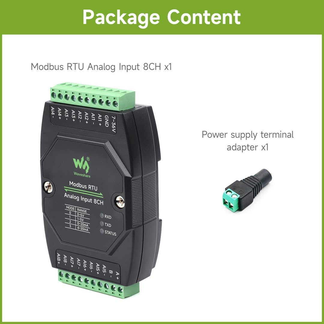 Waveshare Industrial 8-Ch Analog Acquisition Module, 12-Bit High-Precision, Supports Voltage and Current Acquisition, DC 7~36V Wide Voltage Power Supply, 8-Ch Current Mode, 0~20Ma image number 2