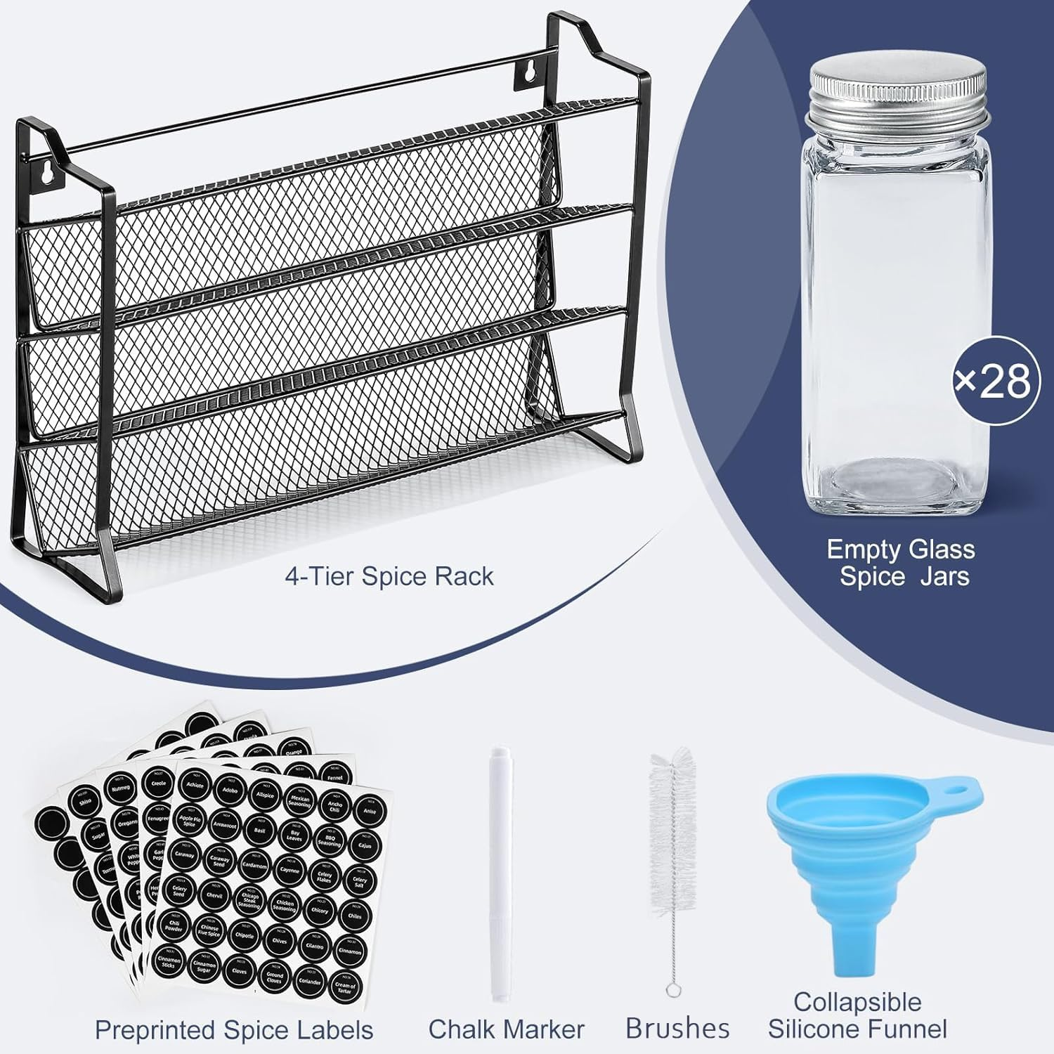 SUPTOP 4 Tier Spice Rack Organizer with 28 Empty Spice Jars, Funnel, Spice Labels, Seasoning Organizer for Countertop, Cabinet, Kitchen, Pantry, Cupboard, 34.5Cm &times; 23.6Cm (W&times;H)