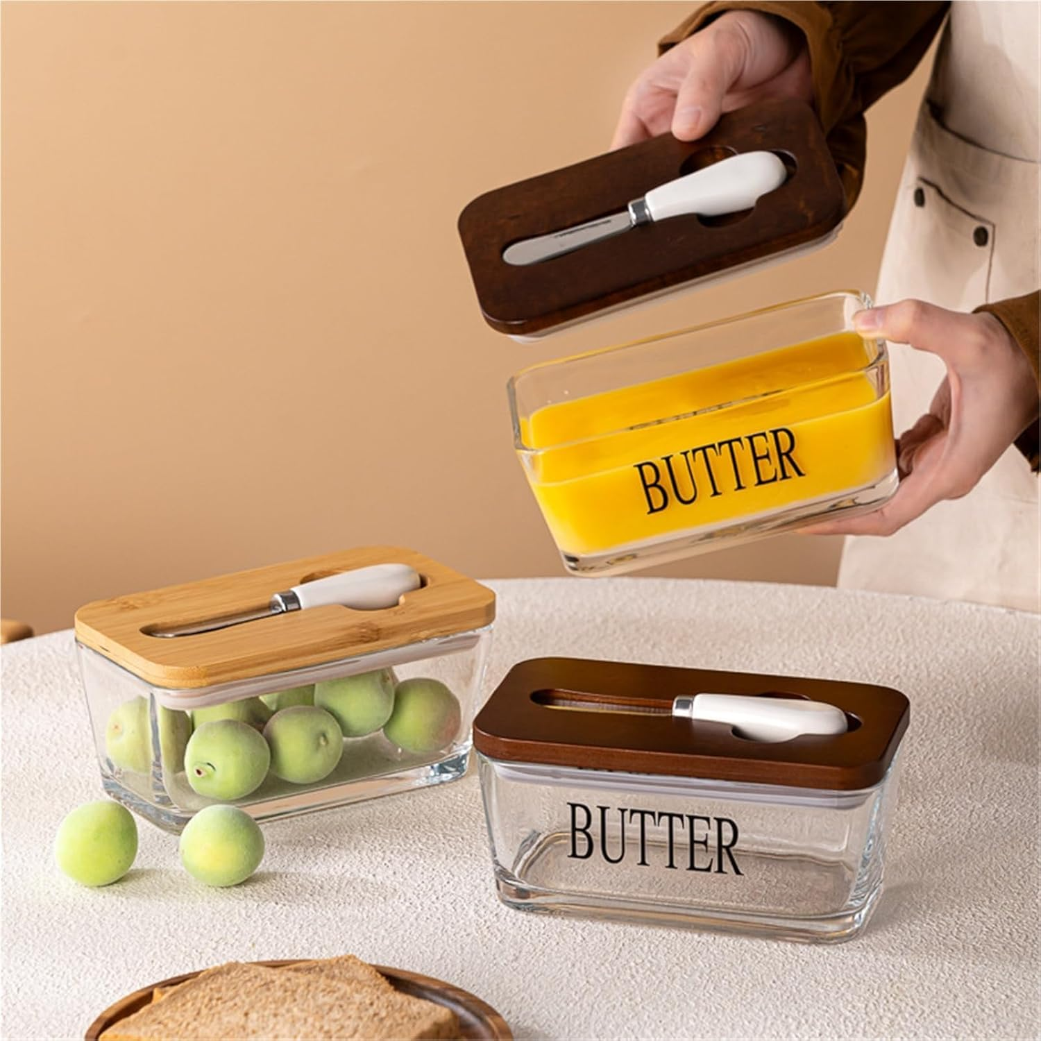 AVITONG Glass Butter Dish with Lid and Spreader, 600Ml Large Capacity Butter Keeper with Bamboo/Walnut Wooden Lid, Stackable Storage Container image number 1