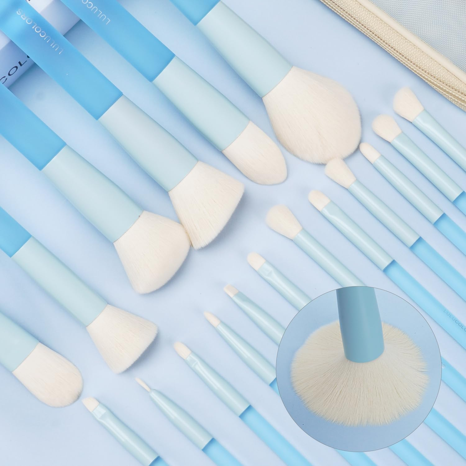 LULUCOLORS 18-Piece Light Blue Professional Makeup Brush Set &ndash; Translucent Rubberized Handles, Soft Synthetic Bristles for Face & Eye Makeup &ndash; Includes Travel Bag & Sponges,Complete Brush Collection - 18 Pcs Multicolor image number 6