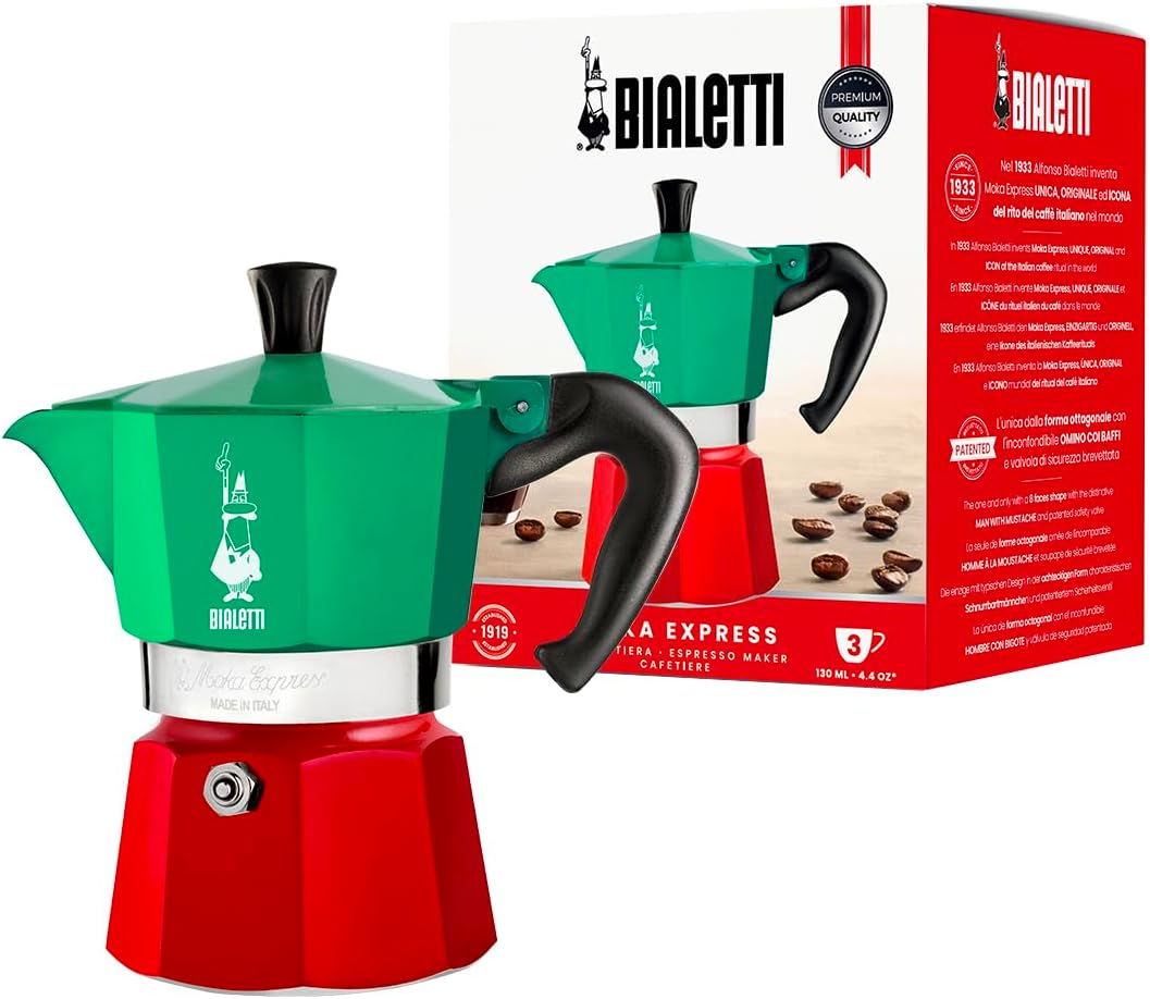 Bialetti - Moka Express Italia Collection: Iconic Stovetop Espresso Maker, Makes Real Italian Coffee, Moka Pot 6 Cups (9 Oz - 270 Ml), Aluminium, Colored in Red Green Silver