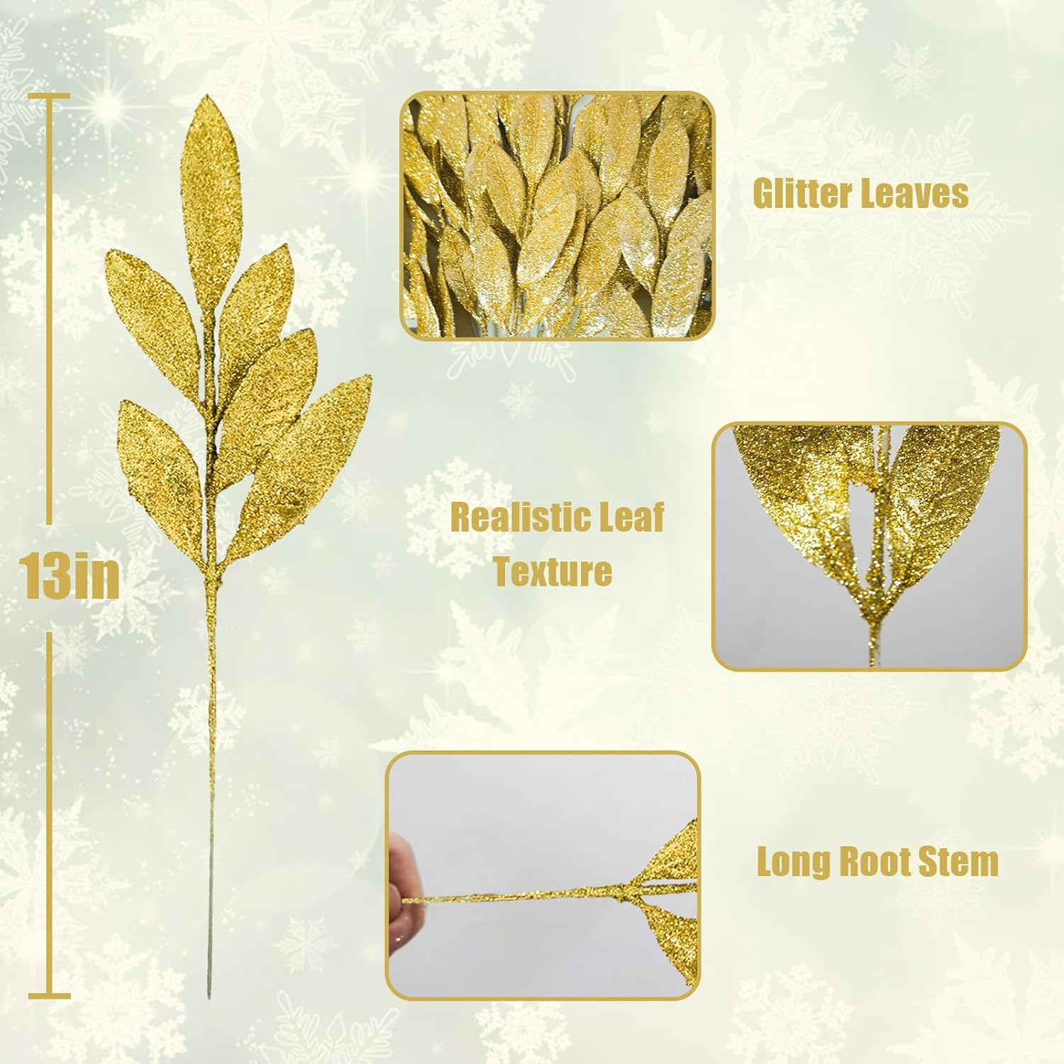 24 Pcs Artificial Glitter Gold Leaves, 13" Glittered Christmas Gold Flowers Leaf Sprays for Christmas Tree Picks, Wreaths, Table Decorations image number 2