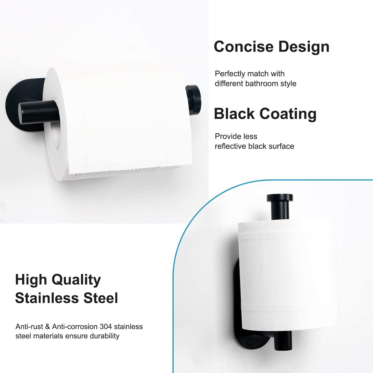 Self Adhesive Toilet Paper Roll Holder,Toilet Paper Holder for Bathroom Washroom Kitchen Stick on Wall Mount Matt Black 2 Pack - Black-2Pcs image number 3