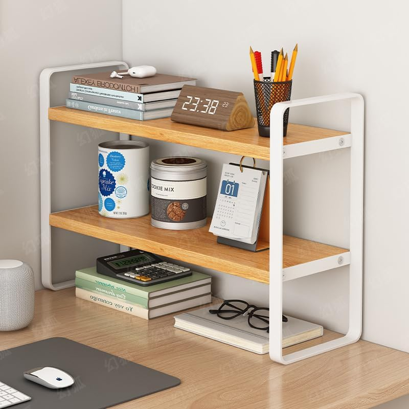 Fohouse Wooden Desktop Bookshelf Organizer, Office Desk Shelf Organizer - Multi-Purpose Bookshelf for Office Supplies, Makeup Top Organizer Storage, and Home Decor (White-2 Tier) - Black image number 4