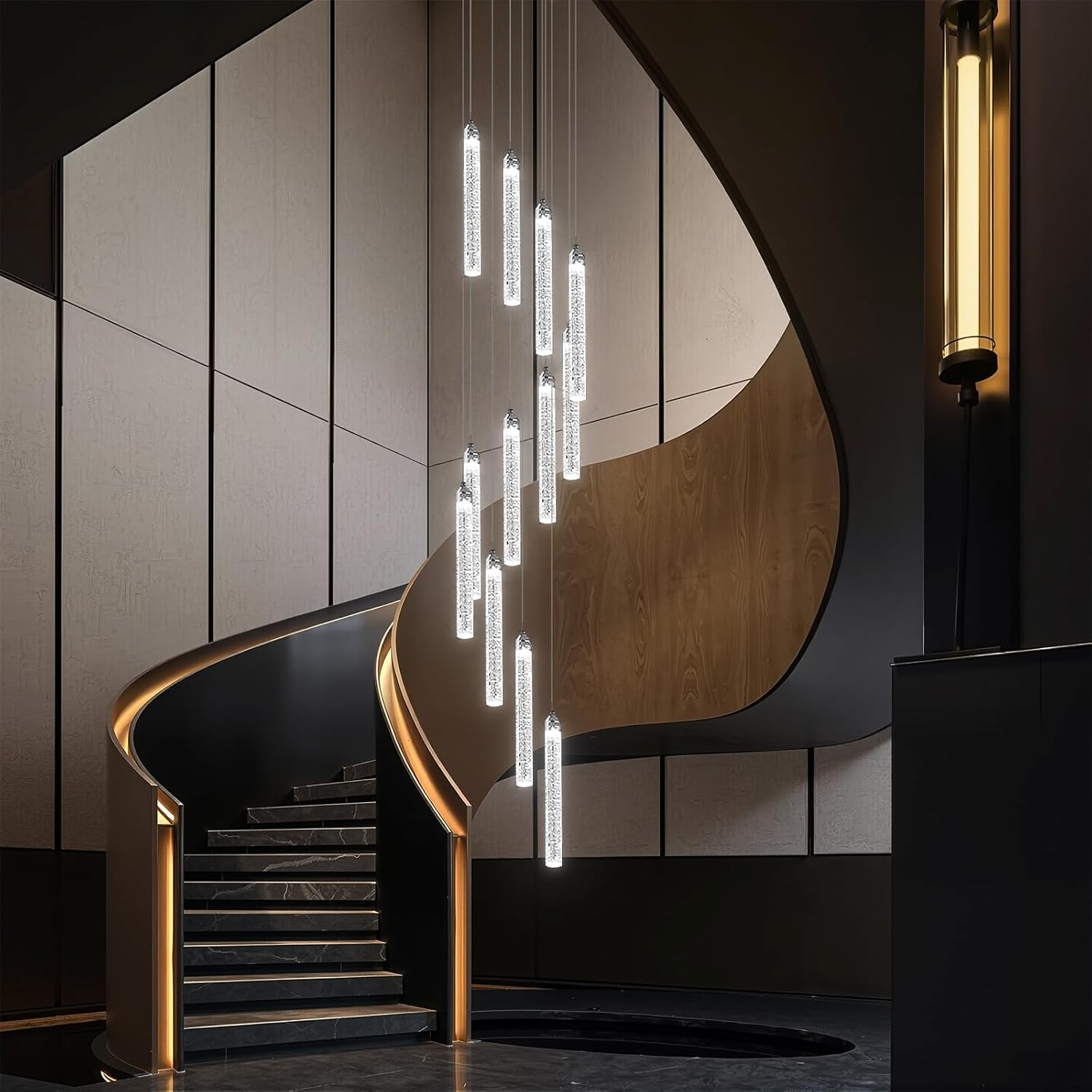 USOR 12-Light High Ceiling Chandeliers LED Modern Silver Crystal Chandelier for Staircase Entryway 3 Colors Dimmable Spiral Large Pendant Light for Luxury Chandelier Living Room Hallway Foyer Lobby