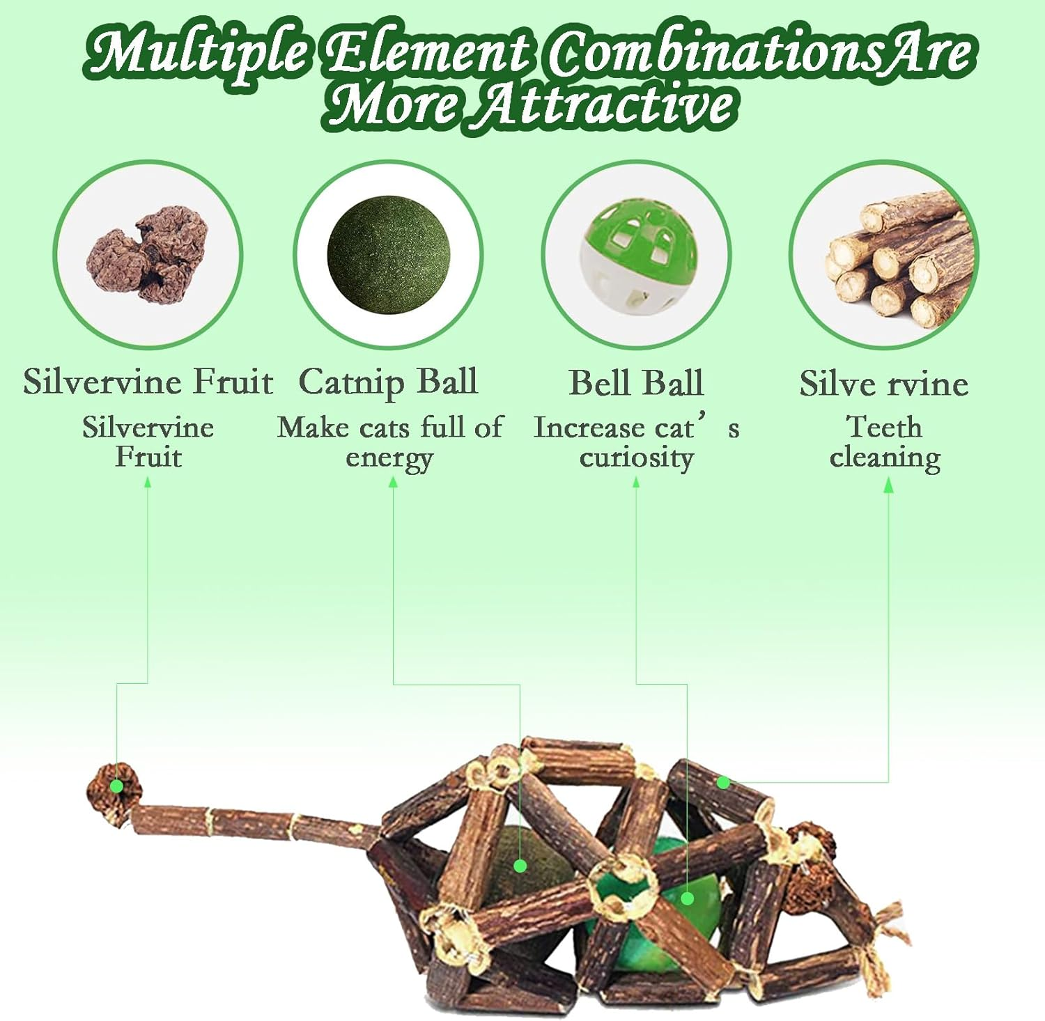 Cat Nip Mint Wood Ball - Mice/Mouse Chew Toys with Silvervine Sticks Cat Toys Natural Polygonum Officinale Balls for Indoor Cats, Kitten Cleaning Teeth Tools Cat Chew Toy Stick Funny Pet image number 4