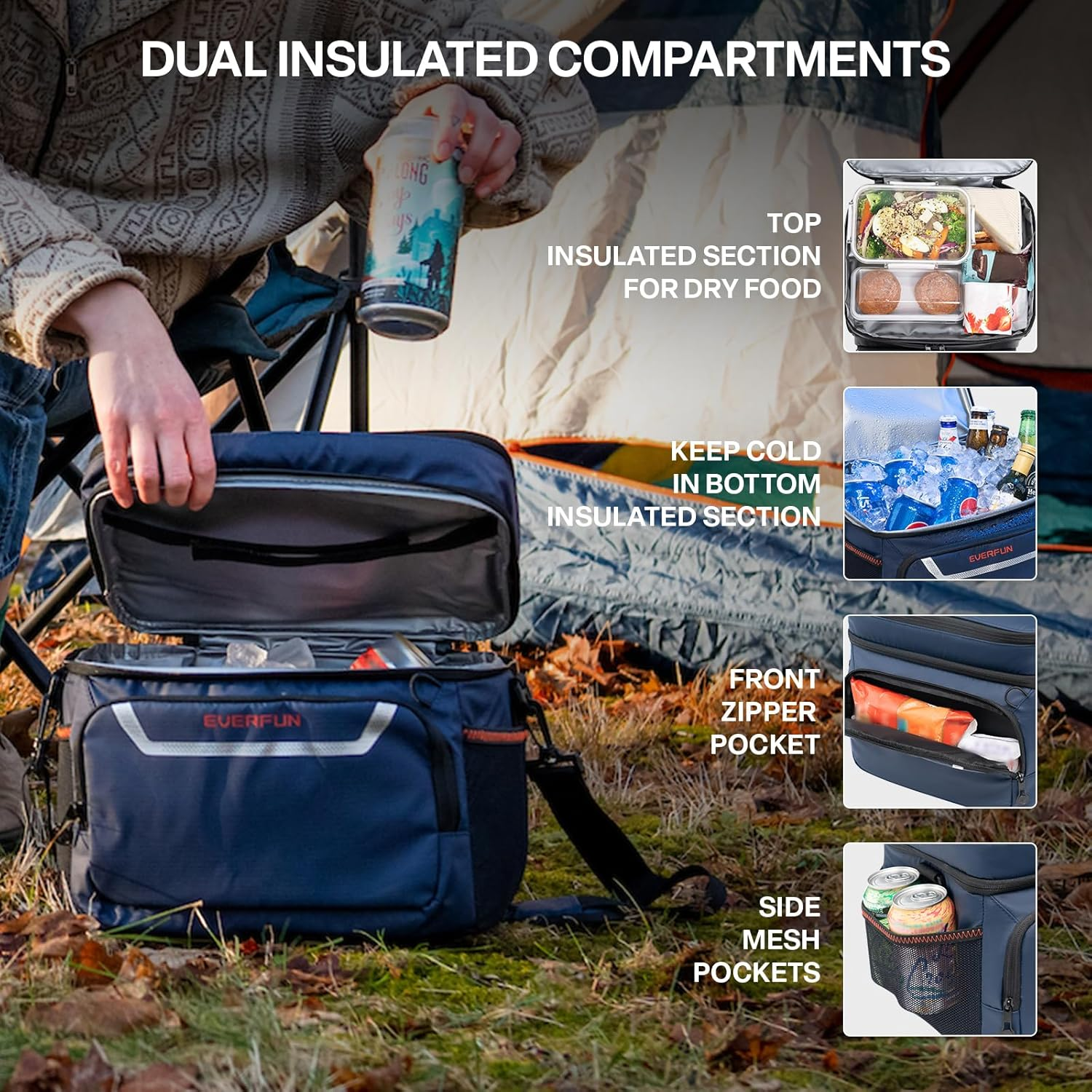 EVERFUN Insulated Cooler Bag Dual Compartments Soft Lunch Bag for Men Women Lunch Box 24 Can Collapsible Waterproof Leak-Proof Lunch Coolers for Work Office image number 1