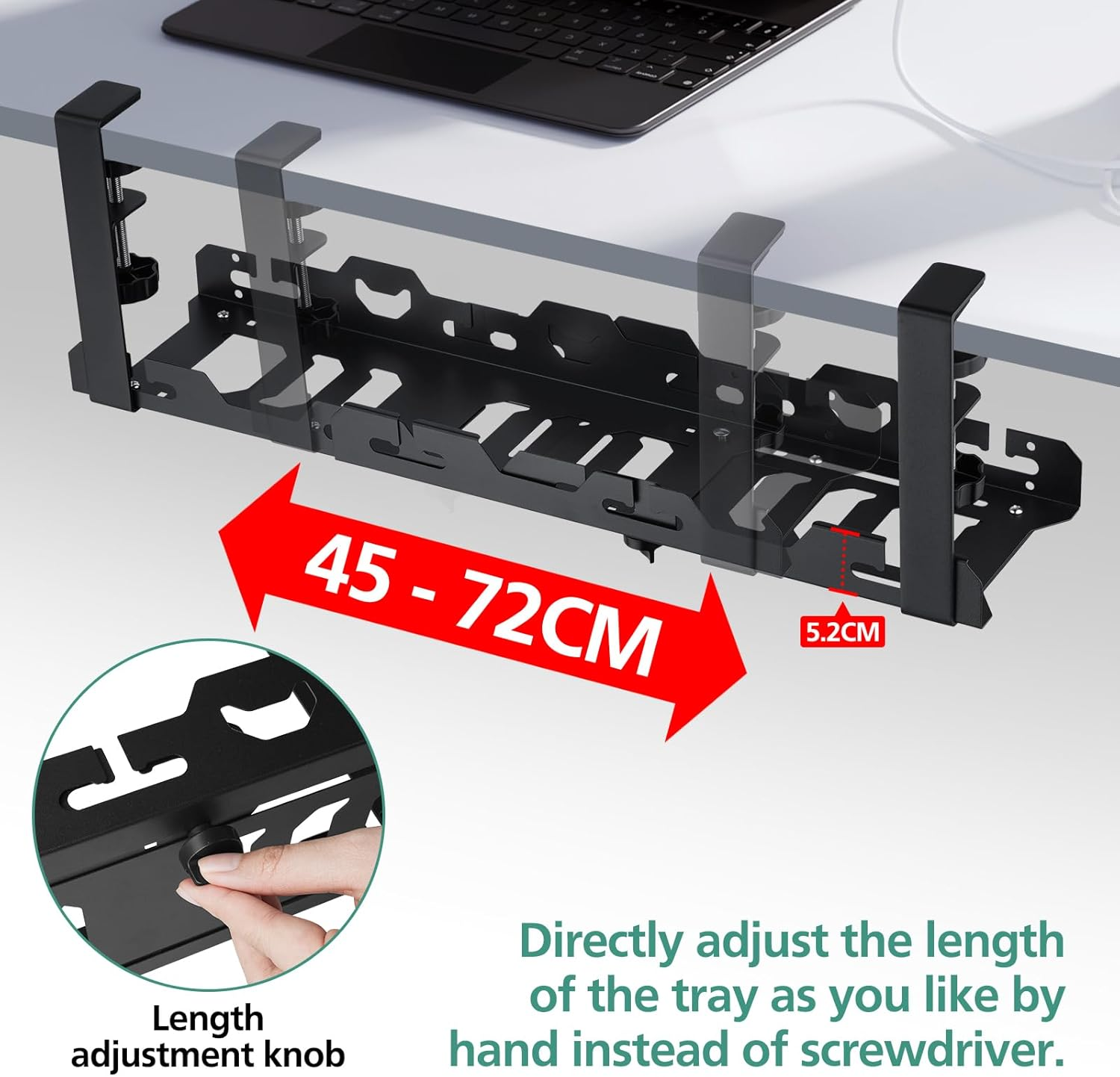 Under Desk Cable Management Tray,45-72Cm Adjustable Length Non-Drill Installation Cord Management for Home Office,Durable Carbon Steel Black image number 3