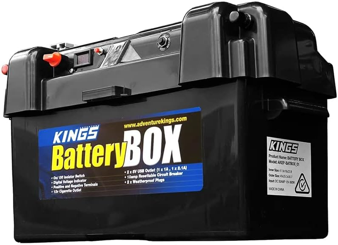 KINGS Maxi Battery Box Portable 12V | 2X USB & Cig Socket | Fits Most Deep-Cycle Batteries | 2 X Anderson Style Plugs | Digital Voltage Indicator