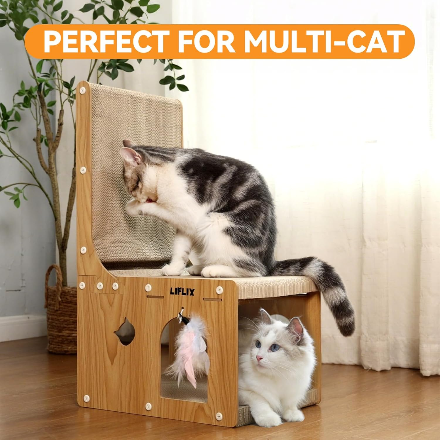 LIFLIX Double-Layer Cat Scratcher, L-Shaped Cardboard Cat Scratching Post with Toys, Cat Scratcher & Hideaway for Indoor Cats to Scratch, Rest, Stretch and Play image number 5