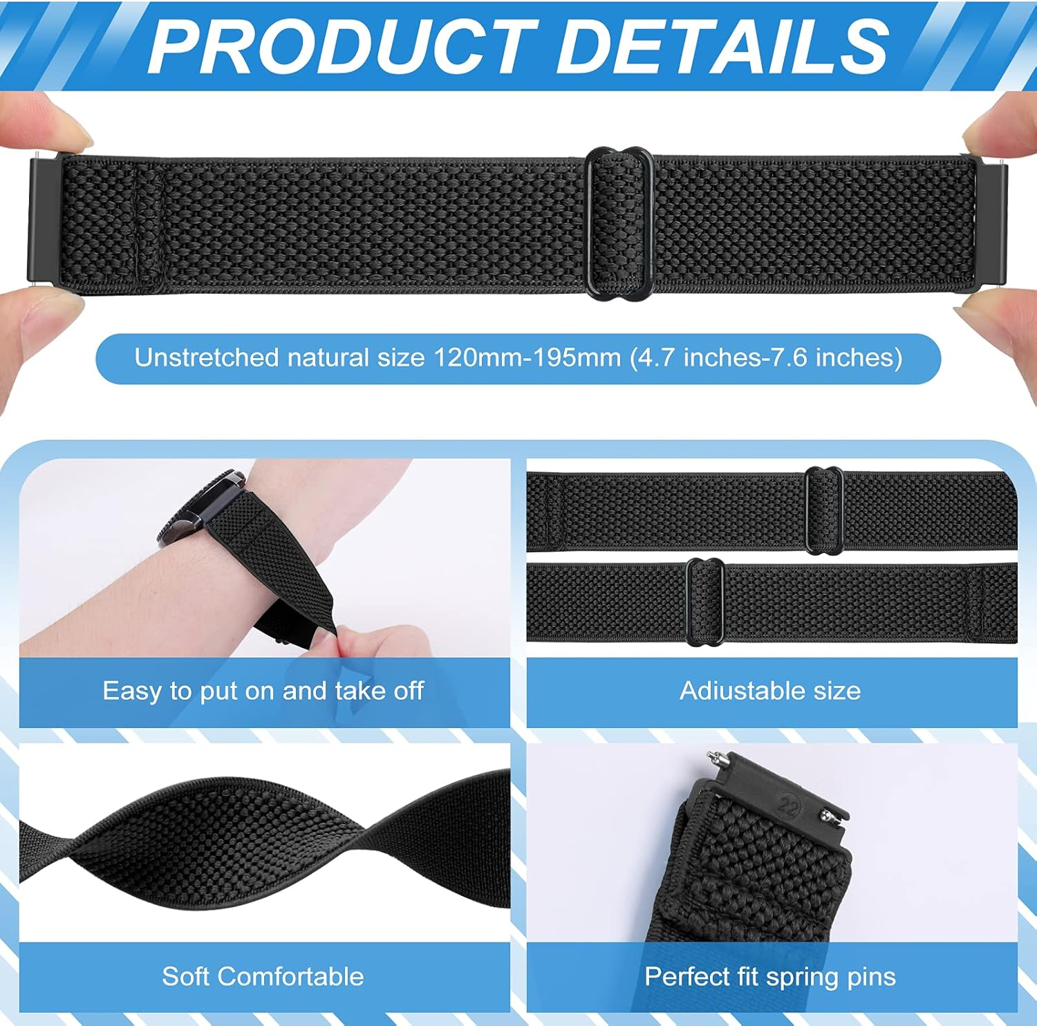 Puhuite Stretchy Nylon Band for Samsung Galaxy Watch 3 Band 45Mm/Gear S3,Garmin Venu 2/Venu 3/Vivoactive 4/Instinct,Fossil Gen 4/5/6 Elastic Band image number 4