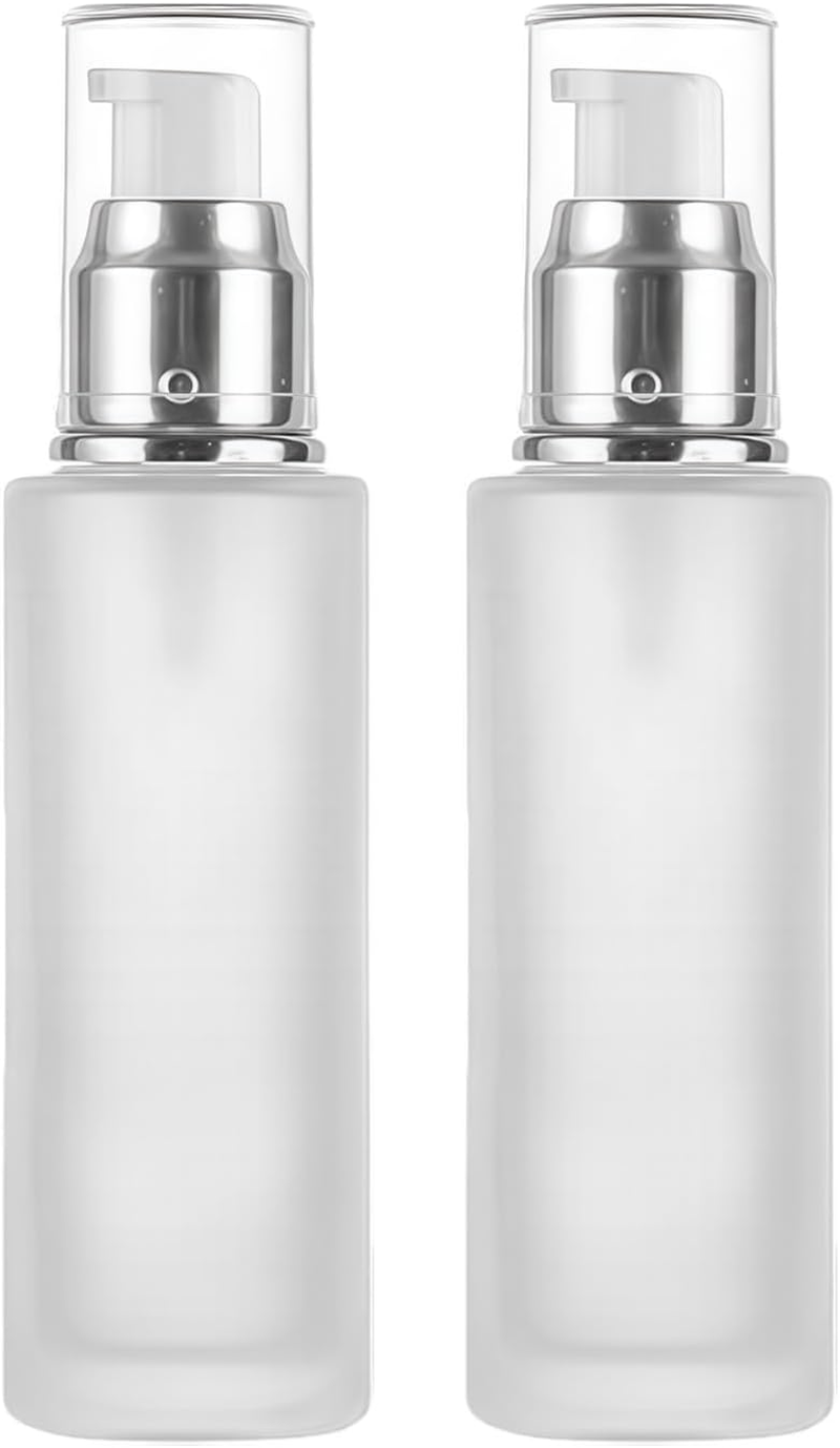 2Pcs 120Ml/4Oz Empty Clear Frosted Glass Lotion Pump Dispenser Bottle Refillable Cosmetic Cream Container Travel Toiletries Pump Dispenser Vials for Cream Emulsion Essencial Oil