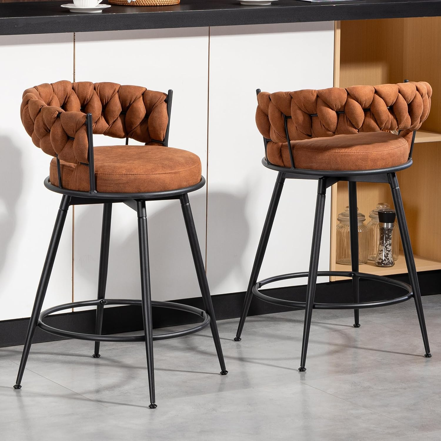 Bar Stools Set of 2, 71Cm Counter Height Swivel Stools with Woven Back & Suede Fabric Seat, 360&deg; Swivel Metal Frame Stools with Footrest for Kitchen Island, Cafe, Pub, Bar, Brown