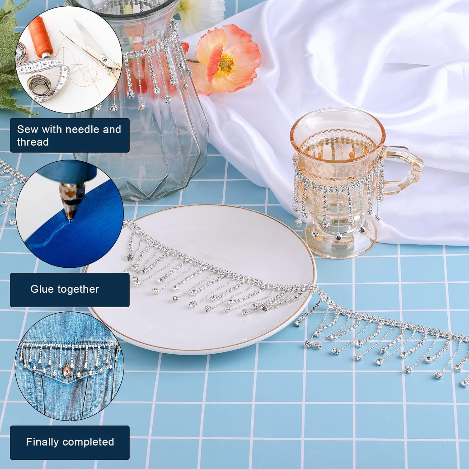 Savita 2 Yard Rhinestone Ribbon Tassel Chain, Glitter Rhinestone Fringe Trim with Drop Shaped Pendant Crystal Tassel Trim Diamond Fringe for Wedding Bridal Accessories DIY image number 2