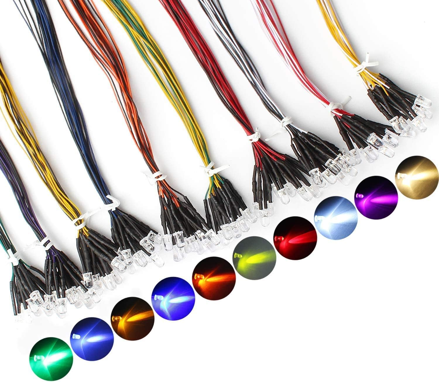 Dicuno 100Pcs(10 Colors X 10Pcs) 5Mm 12V Prewired LED Light Emitting Diode round Head LED Lamp Assorted Color Diodes Resistor Kit image number 6