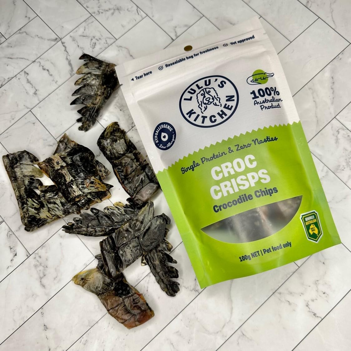 LULU'S KITCHEN Dog Treats Croc Crisps - Crocodile Chips 100G
