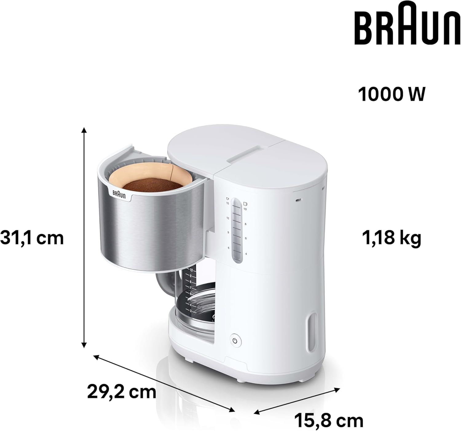 Braun Purshine KF1500WH, Coffee Filter Machine with Optibrew System, anti Drip Function, Safety Auto Shut-Off, 10 Cup Aroma Carafe Capacity, 1000W, White - White image number 6