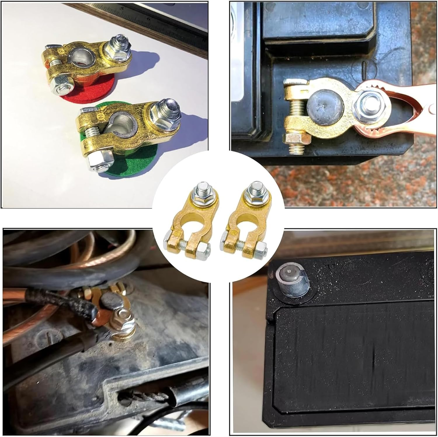 Qioon Brass Battery Terminal Connectors, Car Battery Top Post Clamp Set, P+ N- Pole Clamp for Marine, Boat, Truck, RV, Vehicle (1 Pair) image number 6