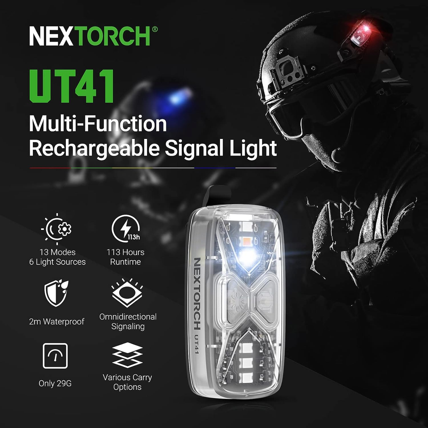 Nextorch Rechargeable Shoulder Signal Light, LED Shoulder Clip Torch with Multiple Light Sources, IPX8 Waterproof Personal Safety Light for Outdoor Rescue, Traffic Guidance, Police Patrols