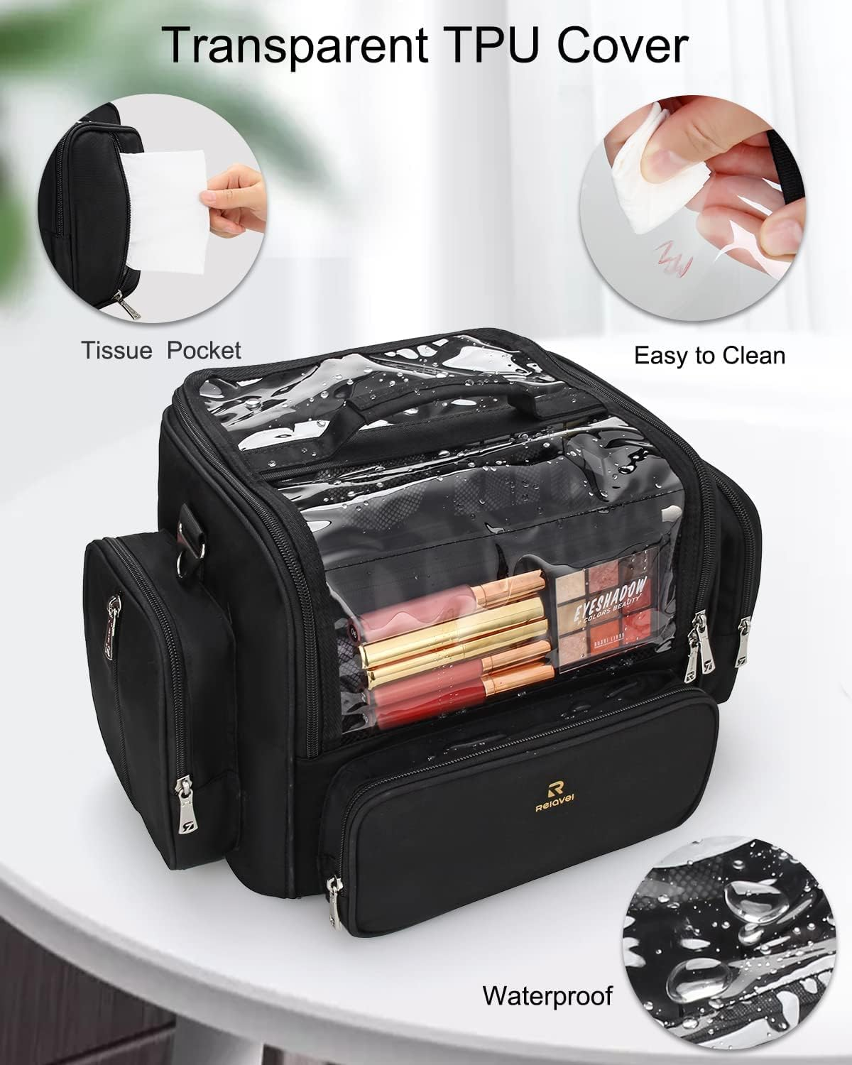 Makeup Brush Bag, Clear Makeup Brush Holder with Lid, Extra Large Capacity Travel Cosmetic Bag Makeup Artist Must Haves, Black Makeup Case, Make up Organizers and Storage, with Adjustable Dividers image number 3