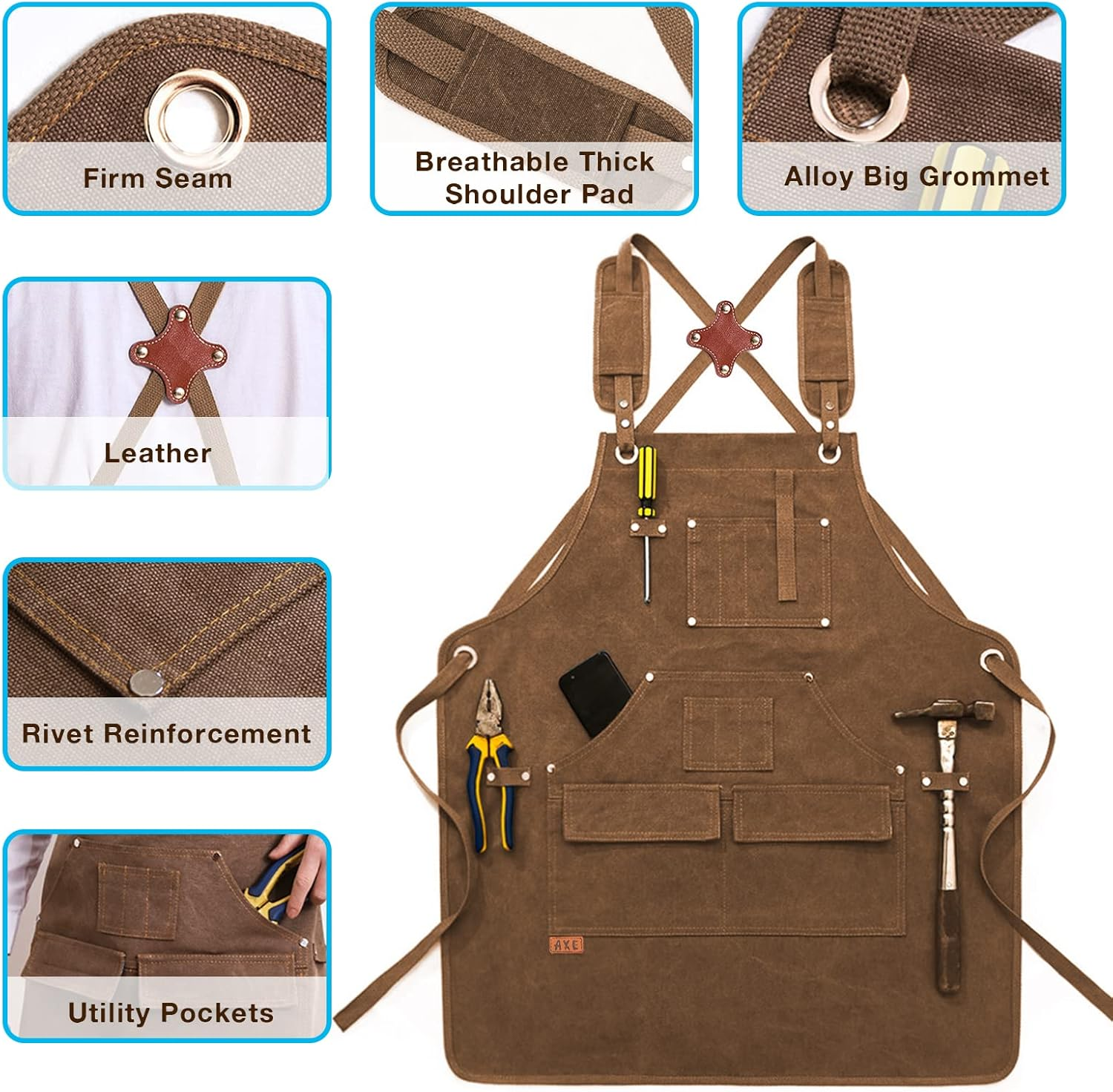 Tool Apron Valuehall Woodworking Shop Apron Waxed Canvas Tool Apron Heavy Duty Work Apron with Pockets & Padded Straps Adjustable for Woodworking, Painting, Cooking, Crafting, Bartenders V6A03 (Yellow) image number 6