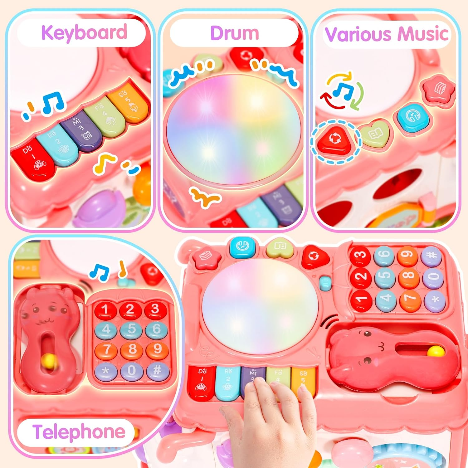 Amidear Baby 1-2 Year Old Girl, 10-In-1 Montessori Toys Bus for Baby 6-12-18 Months+, First Christmas and Birthday Gifts, Educational Musical Sensory Learning Toddler Toys Age 1-2, Pink image number 3