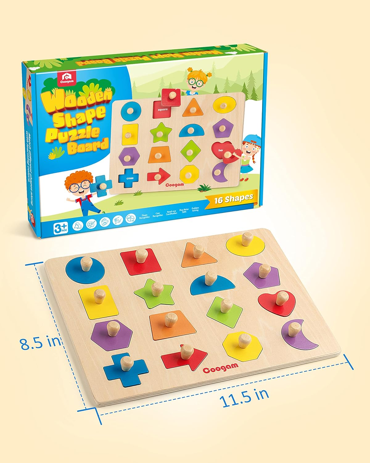 Coogam Montessori Toy Wooden Shape Peg Puzzle, Fine Motor Color Matching Sorting Board, Early Learning Educational Activity Toy Preschool Toddler Baby 3 4 5 Year Old image number 6