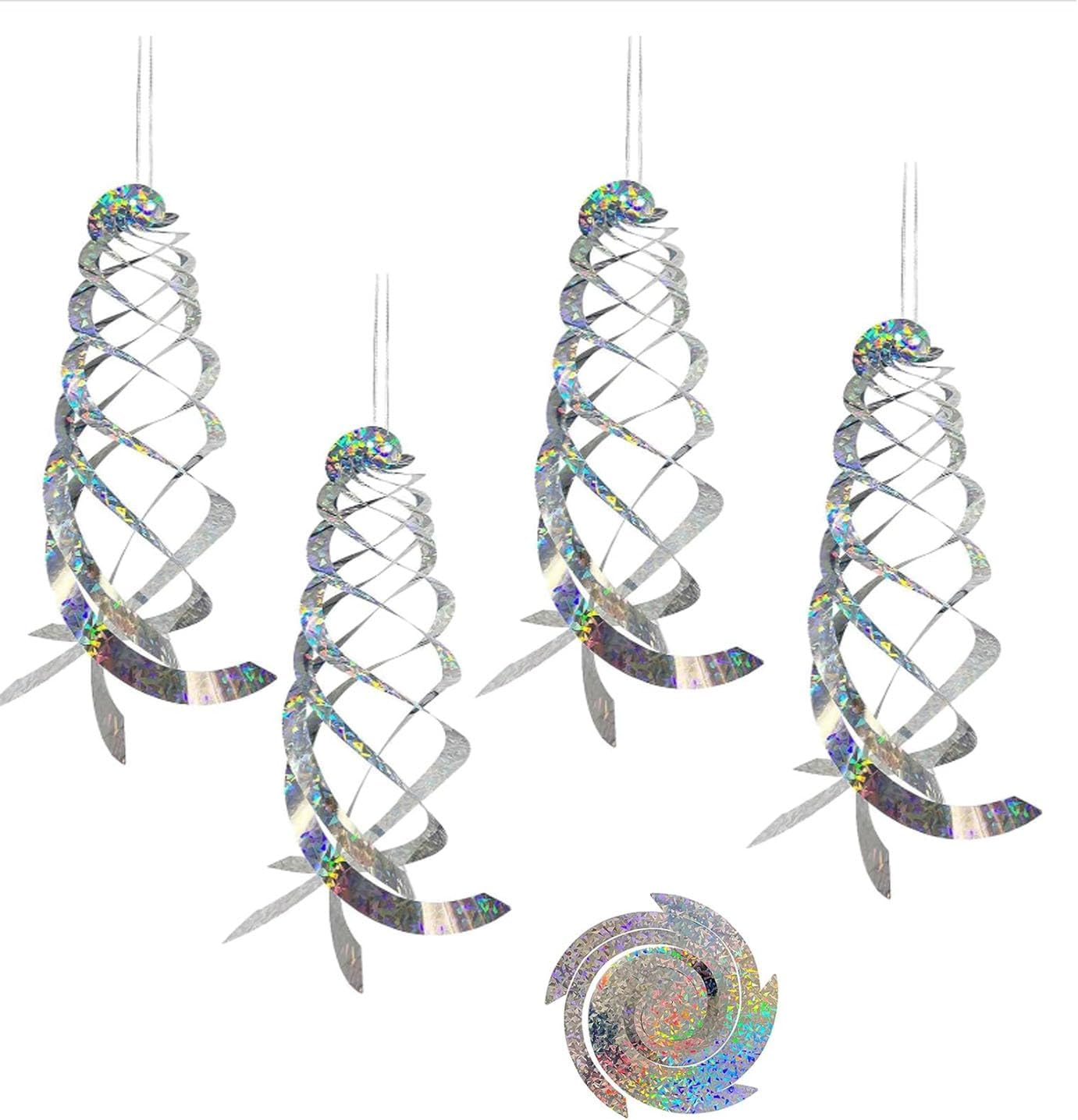 4-Piece Silver Reflective Anti-Bird Repellent Spinners, Anti-Bird Spiral Reflector Scare Tool for Garden, Balcony & Porch, Flashing Decorative Deterrent
