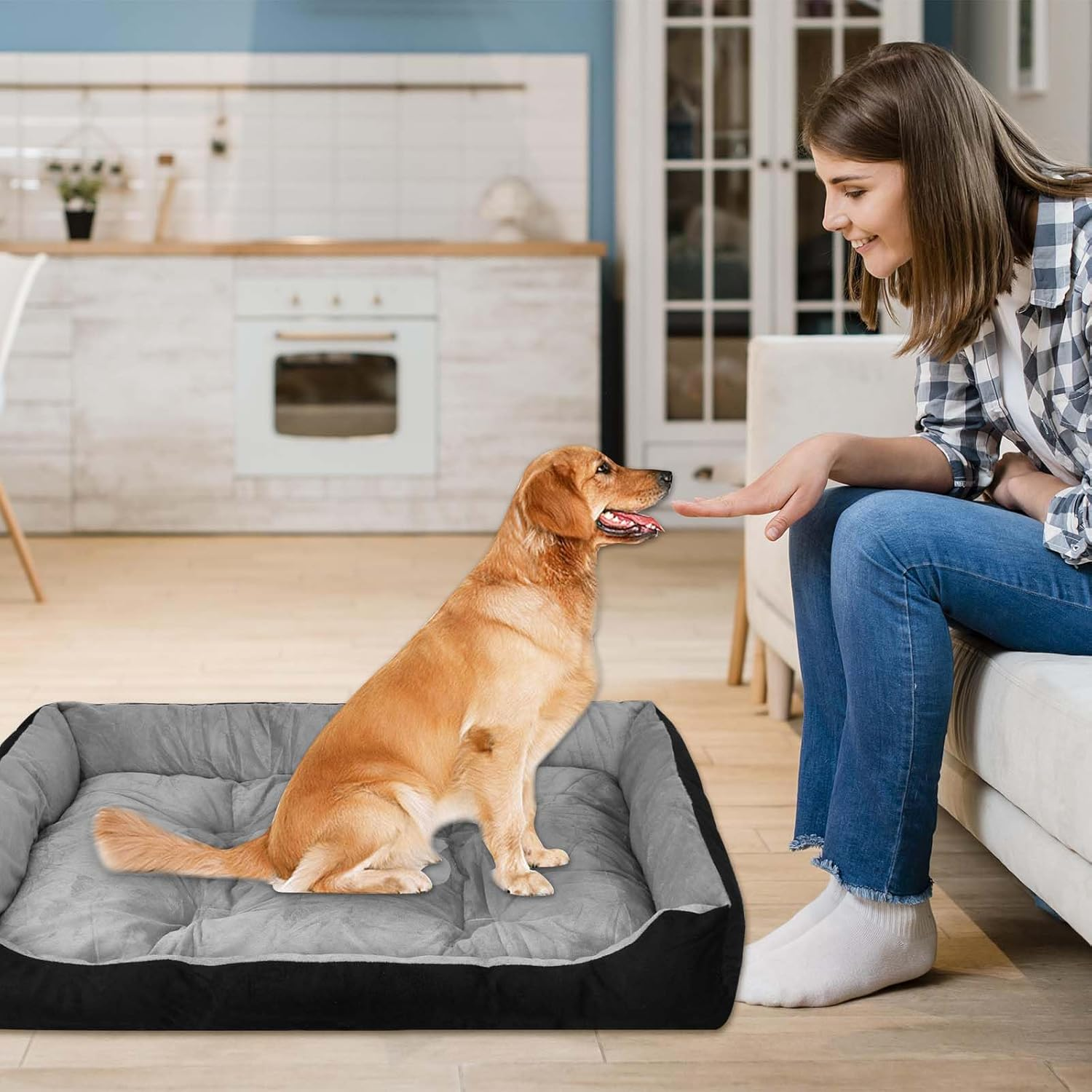 Dog Bed for Large Dogs, Fluffy Dog Bed, Washable, Soft Plush Dog Beds, Non-Slip Dog Basket, Dog Sofa, Pet Bed for Large Dogs and Cats, Black Grey, 90 X 70 Cm image number 4
