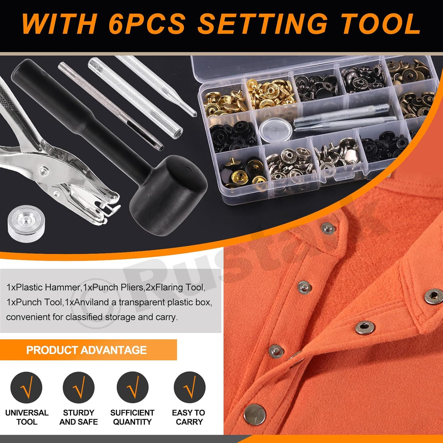 120 Sets 12.5Mm 6 Colors Leather Snap Fasteners Kit with Hammer 9Pcs Setting Tools, Metal Snap Button Press Stud Clothing Snap Assortment Kit for Leather, Clothes, Jackets, Jeans, DIY Craft image number 2